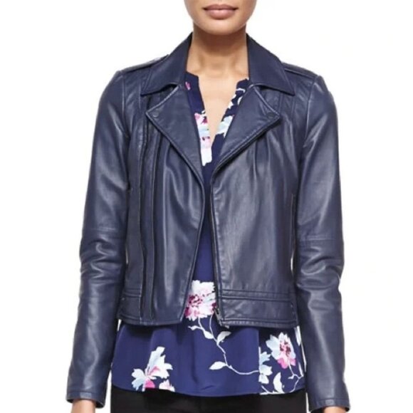 JOIE Caldine Navy Blue Leather Moto Jacket Zip Up Collared Large Luxury - Picture 1 of 15